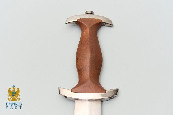 Dagger with a brown wooden grip and silver blade on a pale blue background; Empires Past logo bottom-left.