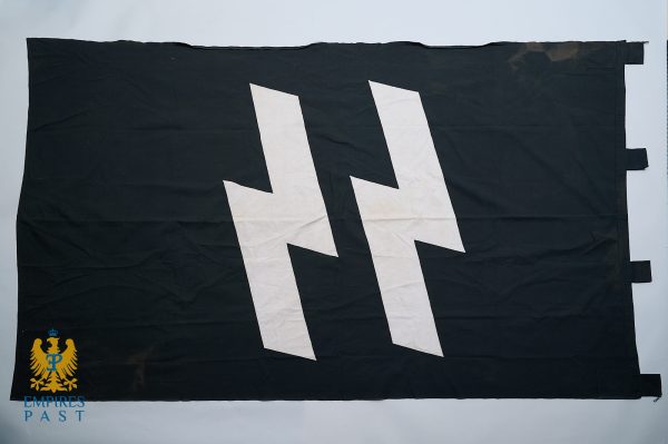 Black flag with two white zigzag SS bolts running diagonally across the center of a dark background.