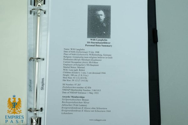 Page from a binder with a small black-and-white portrait and a long Personal Data Summary for Willi Langbehn (SS-Sturmbannführer).