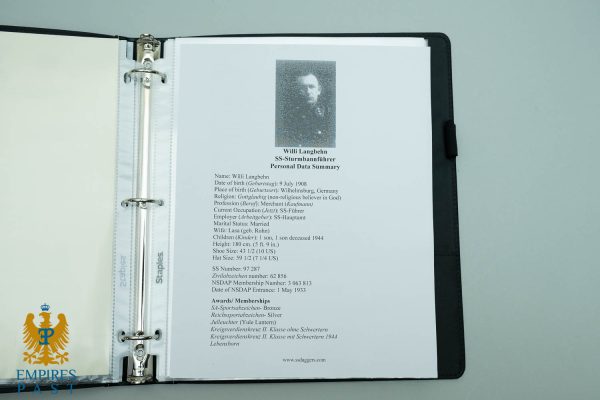 Binder opened to a page with a small black-and-white portrait and a dense biographical data summary for Willi Langbehn; left page shows a yellow sheet with a blue imperial eagle logo and 'EMPIRES PAST' text.