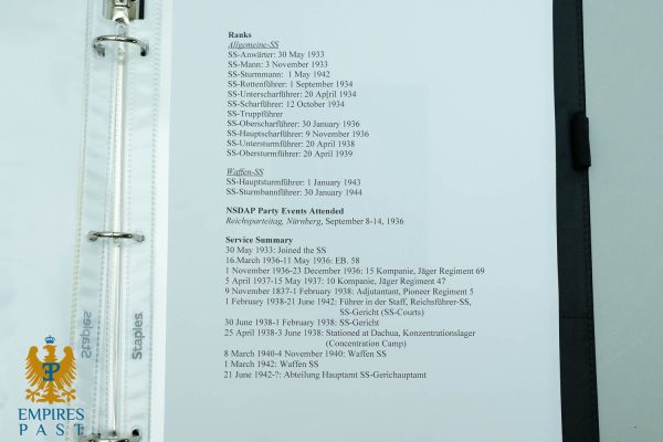 Binder page listing SS ranks and service history, with 'Ranks' heading and a small 'Empires Past' logo bottom-left.