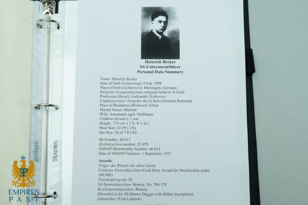 Binder page with a black-and-white portrait and a Personal Data Summary for Heinrich Becker, showing name, birth, and details, plus an Empire's Past logo in the corner.