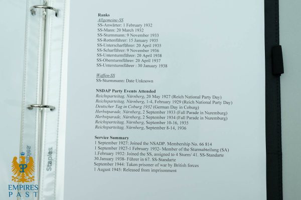 Binder open to a light blue page titled 'Ranks' listing SS ranks and NSDAP party events, with an Empire’s Past logo bottom left.